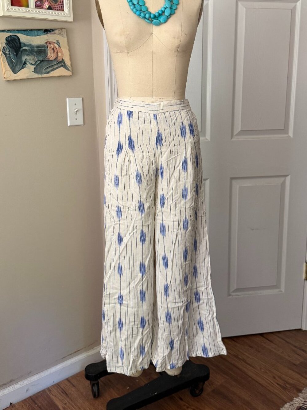 SRISHTI White Blue AZTEC Wide Leg Stretch Waist PALAZZO Pants *SMALL* B11